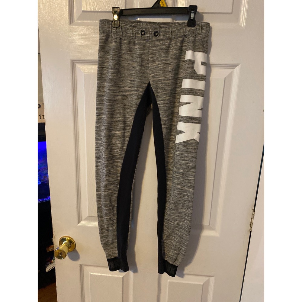 Victorias Secret PINK Gray Marled Logo Joggers Black Side Panel Pants XS